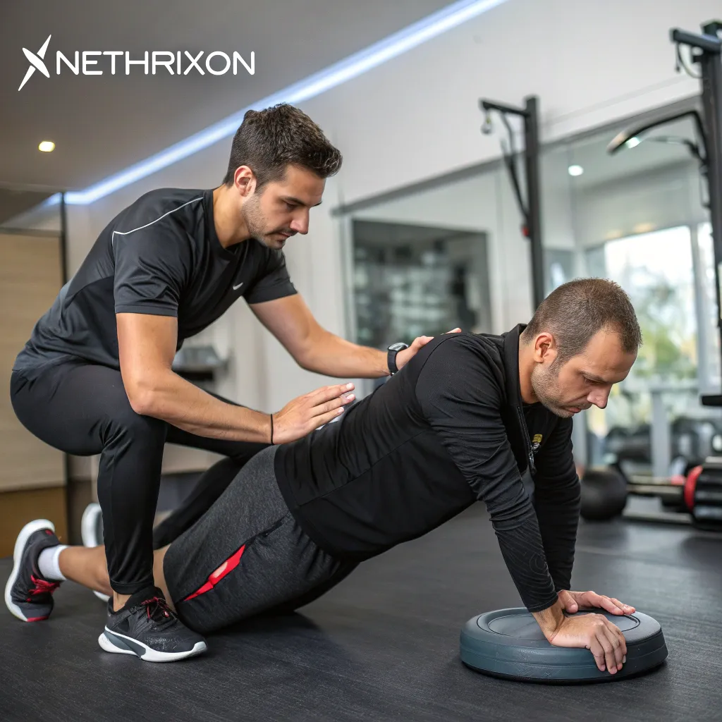 Professional personal trainer assisting a client at NETHRIXON